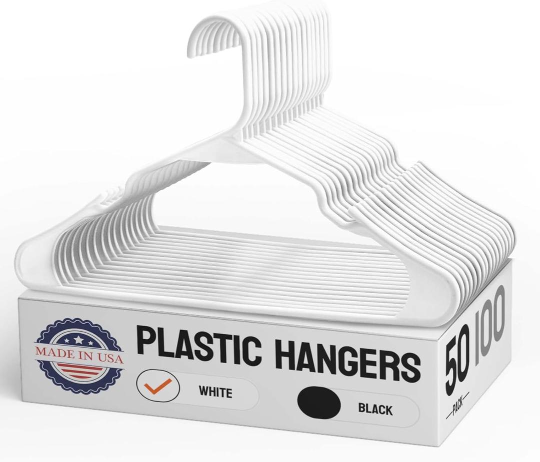 Made in USA White Plastic Hangers 50 Pack - Clothes Hangers with Shoulder Grooves, Space Saving & Heavy Duty Coat Hanger Premium Closet Organizers as Coats, Dress and Pants