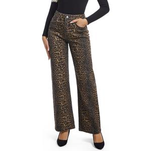 Women's Jeans Straight Leg Casual High Waisted Stretch Trendy Black Pull On Jeans for Women (8, Coffee Leopard Print)