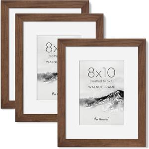 8x10 Picture Frame, USA-Sourced Walnut Wood Photo Frames 8 by 10 with HD Tempered Glass, 8 x 10 Wood Frames for Home Decor, Rustic 8x10 Frame Matted to 5x7, Wall & Tabletop Display, 3 Pack