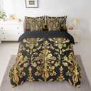 Feelyou Gold Black Vintage Floral 7 Piece Bedding Set Queen Size Gothic Bohemia Boho Flower Comforter Set with Sheets for Kids Adult Oriental Antique Bed in a Bag Luxury Bed Set
