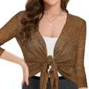 Summer Bolero Shrugs for Women Sheer Short Tie Front Cardigans for Dress 3/4 Sleeve Tops (Coffee, M)