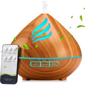 Essential Oil Scent Diffuser: 500ML Aroma Diffuser with Remote Control, Large Fragrance Aromatherapy Diffuser, Mist Humidifier with 14 Colors LED Lights and Auto-Off for Home (Chestnut)