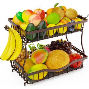 Bronze 2 Tier Large Fruit Basket for Kitchen Counter with 2 Banana Hangers, Metal Fruit Bowl for Onion Vegetable Bread Snack, Countertop Organizer  14.5" W x 9.5" D