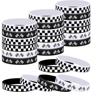 Lesnala 48 Pcs Race car silicone bracelets Checkered flag wristbands Racing flag rubber bracelets Race car party favors for Sports Events Party Supplies Birthday Party Decorations(Black,white,4 types)