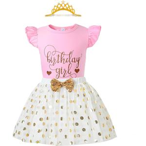 LYSMuch Girls Birthday Outfit Birthday Girls Shirt Princess Tutu Tulle Skirt Headband (5-6 Years, Pink)
