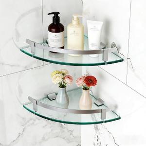 Bathroom Shelves, Glass Shelf Wall Mounted Glass Corner Shower Shelf with Aluminum Rail for Bathroom (2 Packs) (Light Silver)