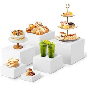 Cube Display Stands, 6PCS Multi Size Stackable Plastic Cake Stand Boxes with Sturdy Design for Dessert Collectibles Statues Storage (White)