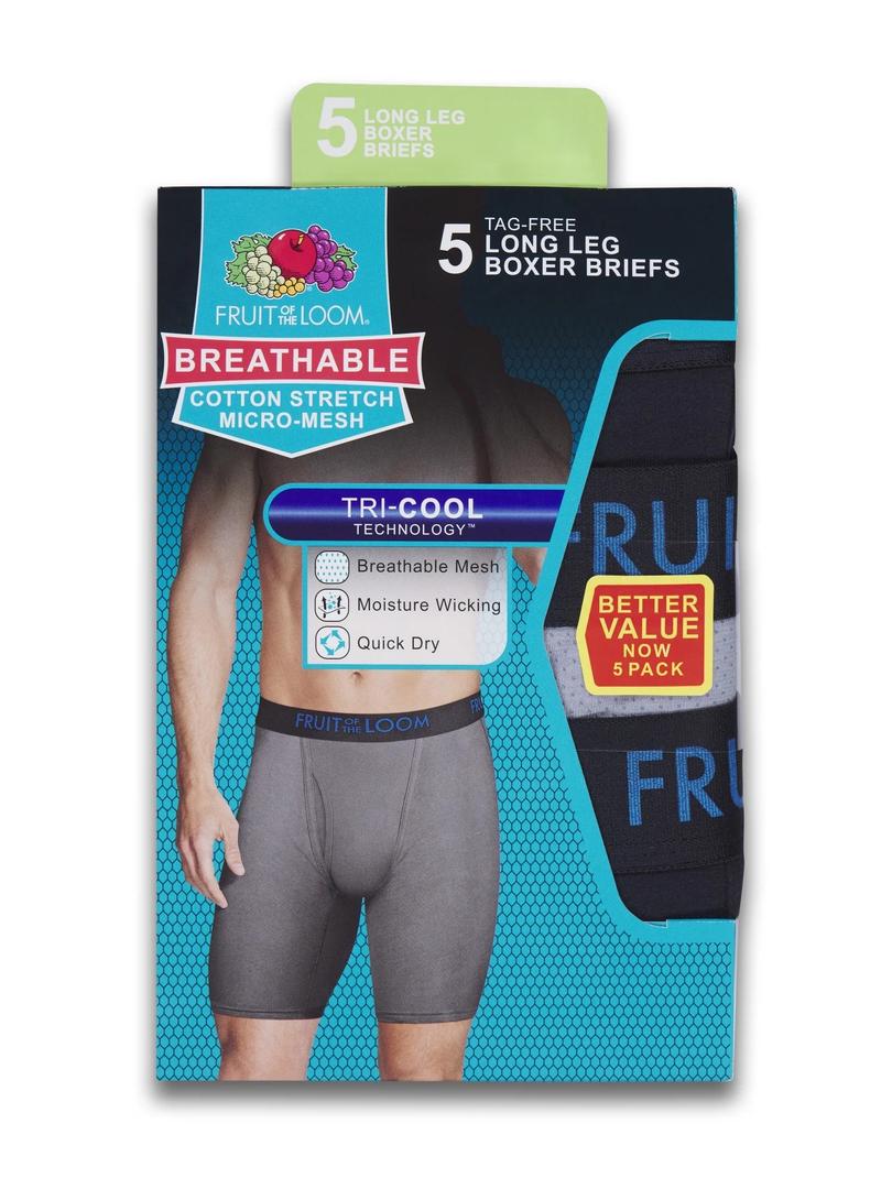 Fruit of the Loom Men's Breathable Cotton Micro-Mesh Black and Gray Long Leg Boxer Briefs, 2 Pack (Size S)
