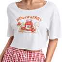 SHENHE Women's Letter Print Scoop Neck Tee Shirts Strawberry Short Sleeve Summer Crop Tops, Size M (White)