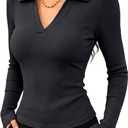 Meetrendi Womens Long Sleeve V Neck Polo Shirts Business Casual Collared Work Top Slim Fitted Basic 2025 Fall Outfit (Black, M)