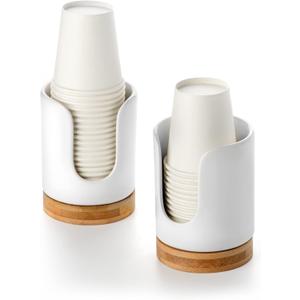 Ceramic Bathroom Cups Dispenser - 3 oz Disposable Paper & Plastic Bathroom Cups Holder - Mouthwash Cups Dispenser for Bathroom, Guest Toiletries, Countertop, Coffee - BPA Free (2 Pack) (White)