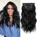ALXNAN Clip in Long Wavy Synthetic Hair Extension 16 Inch Black 4PCS Thick Hairpieces Fiber Double Weft Hair for Women (16 Inch, Black)