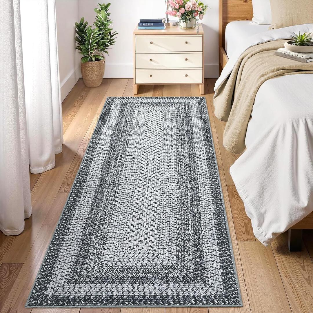 RUGSREAL 2x6 Runner Rug Braided Print Hallway Runner Rug Boho Rug Machine Washable Throw Floor Cover Non Slip Moroccan Carpet for Kitchen Farmhouse Rustic Runner for Living Room Bedroom, Grey