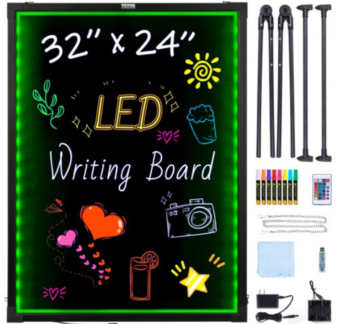 VEVOR LED Message Writing Board, 32"x24" Illuminated Erasable Lighted Chalkboard, Neon Effect Menu Sign Board, Drawing Board with 8 Fluorescent Chalk Markers and Remote Contro Tested toStandards