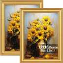 12x16 Gold Picture Frames Set of 2, Ornate Vintage 12 x 16 Photo Frames for Wall Decor or Tabletop Display, 16x12 Gold Frames with Real Glass, Display 8.5x11 Pictures with Mat or 12x16 without Mat for Antique Dco
