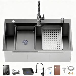 Stainless Steel Kitchen Sink with Faucet: 30-Inch Drop In Single Bowl Farmhouse Workstation Sink - Noise Reducing Design & Accessories Included (Black, 3018)