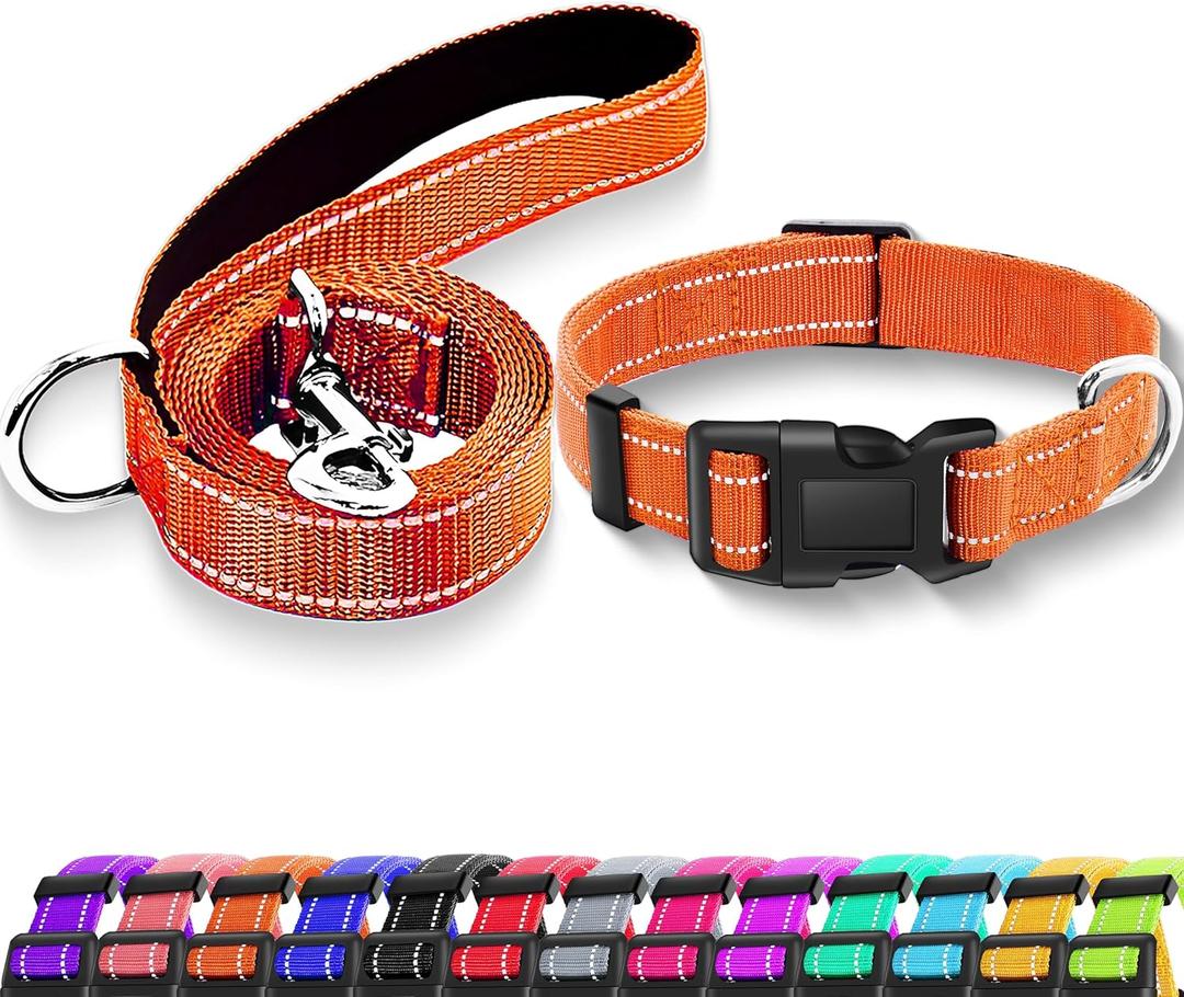 Reflective Dog Collar with Safety Locking Buckle, Adjustable Soft Breathable Nylon Collars for Small, Medium and Large Dogs(Collar+Leash L Orange)