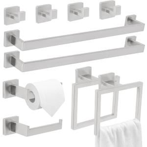 10 Pcs Silver Bathroom Hardware Accessories Set, 23.6 Inch Bath Towel Bar Kit with Towel Racks Ring and Hooks Paper Holder, 304 Stainless Steel Bathroom Hardware Set for Wall Mounted
