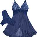 Sexy Open Front Ruffle Sheer Mesh Lace Wireless Babydoll Lingerie Dress with Thong 2 Piece (Medium, Navy Blue)