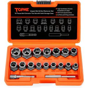 18 Piece Bolt Extractor Set, 3/ 8" Drive Rounded Bolt & Nut Remover, Lug Nut Removal Tool with Hex Adapter, Stripped For Damaged, Frozen, Studs, Rusted, Rounded-Off Bolts, Nuts & Screws
