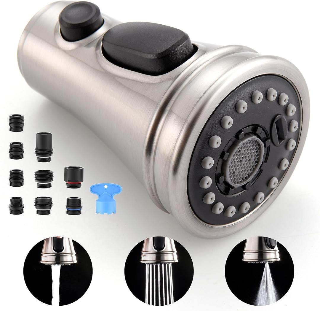 Kitchen Faucet Spray Head Replacement - Pull Down Faucet Sprayer Head with 15 Adapters, 3-Function Kitchen Sink Faucet Head, Replacement Pull Out Faucet Head, Brushed Nickel
