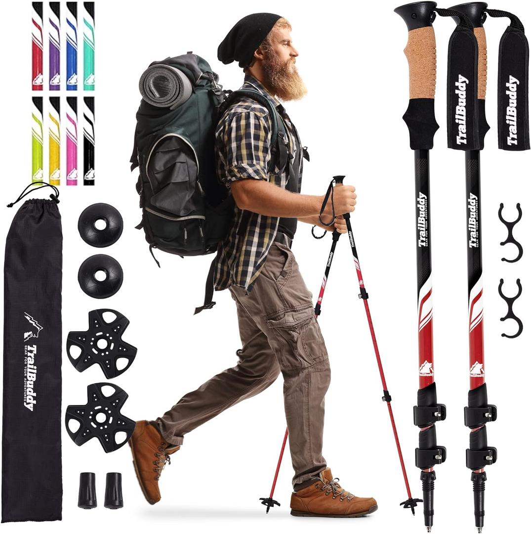 TrailBuddy Trekking Poles - Lightweight, Collapsible Hiking Poles for Snowshoe & Backpacking Gear - Pair of 2 Walking Sticks for Hiking, 7075 Aluminum with Cork Grip (Red Beetle)