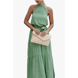 PRETTYGARDEN Women’s Halter Neck Floral Long Maxi Dress Casual Sleeveless Backless Dresses Loose Ruffle Sundress with Belt, S