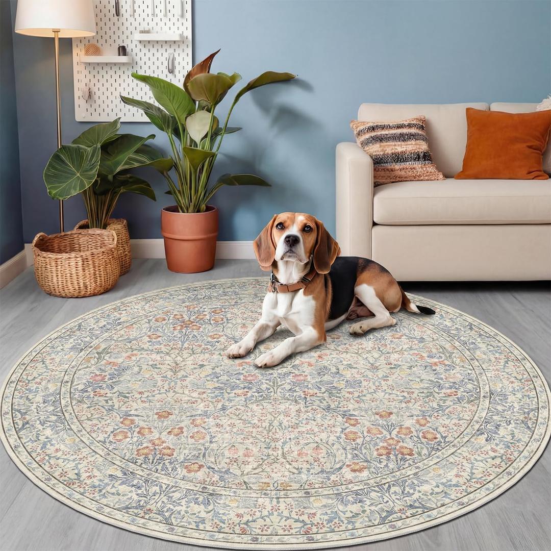 Beige Blue 6ft Round Rug for Living Room - Floral Circle Rug for Bedroom, Kids Room, Home Office, Washable Low Pile Non Slip, Pastel Blue and Green French Country Style Indoor Aesthetic Dcor