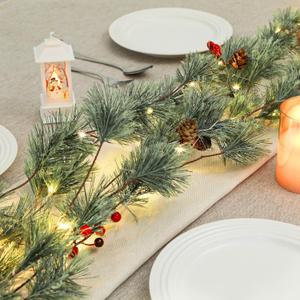 SHareconn 2 Packs 6FT Prelit Greenery Christmas Garland with Battery Operated Timer, Multi-Color Lights, Includes Pine Cones for Mantle Stairs Railing Fireplace Xmas Indoor Outdoor Decoration, 6 FT