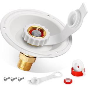 RV City Water Fill Inlet Flange Check Valve Water Hookup Connector 3/4 NH Female to 1/2 NPT Male Mount Lead-Free Brass Flush RV Water Backflow Preventer with Dust Plug for RV Camper Motorhome (White-big flange)