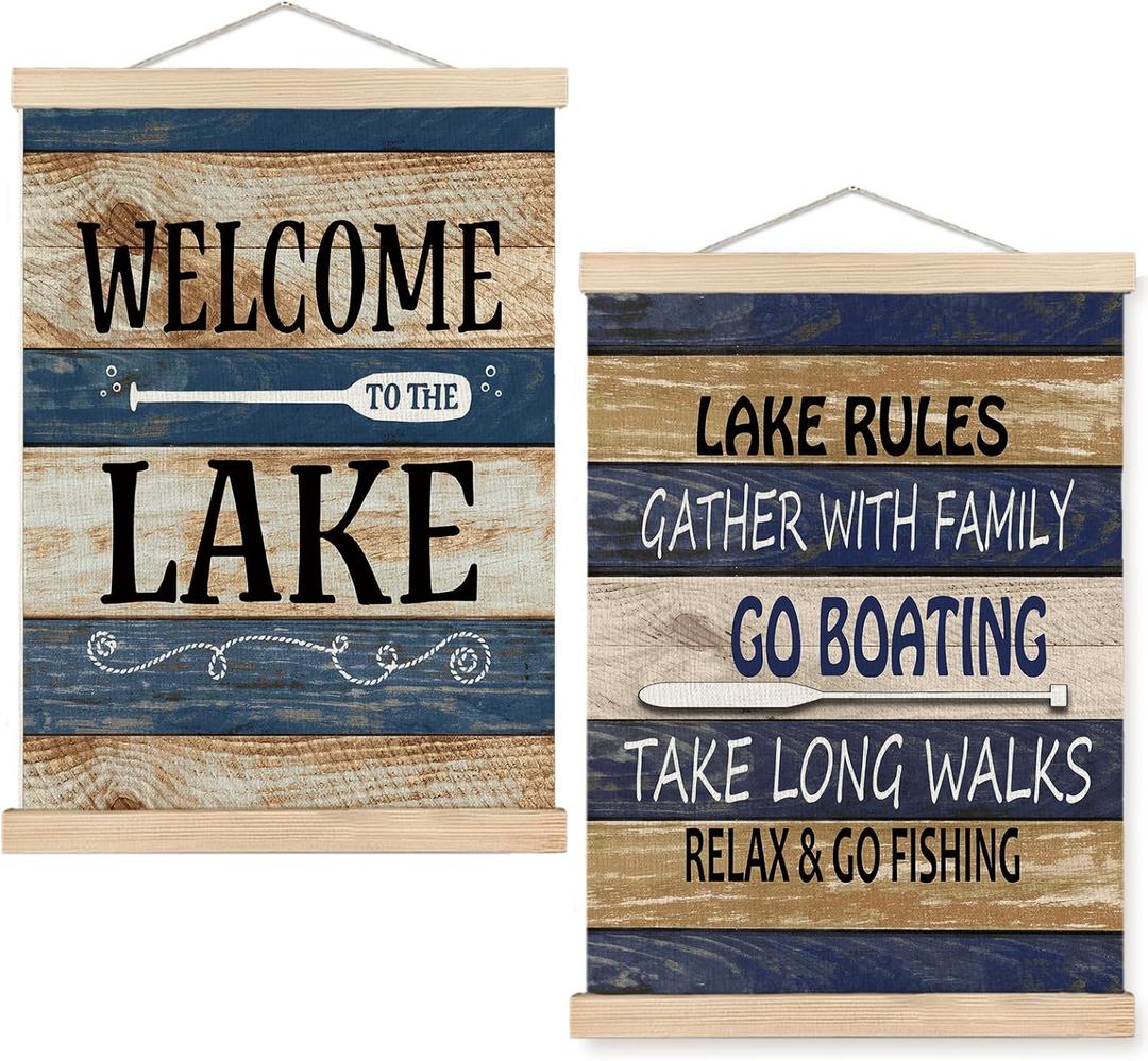 SPBL&L Rustic Lake Wall Art, Farmhouse Lake Poster Hanger Frame, Lakeside Hanging Canvas Pictures Prints Wall Decor for Lakes House Cabin Beach Room Bedroom Home, 12x16 Inch Set of 2