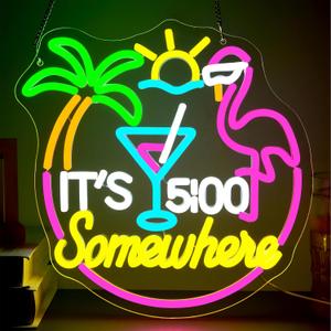 Its 5 O'clock Somewhere Neon Sign for Wall Decor Dimmable Flamingo Cocktail Neon Light for Man Cave LED Tiki Bar Sign for Home Bar Palm Tree Beach Party Gift for Drinking Lover13.1 * 12.9In (WZCP167)