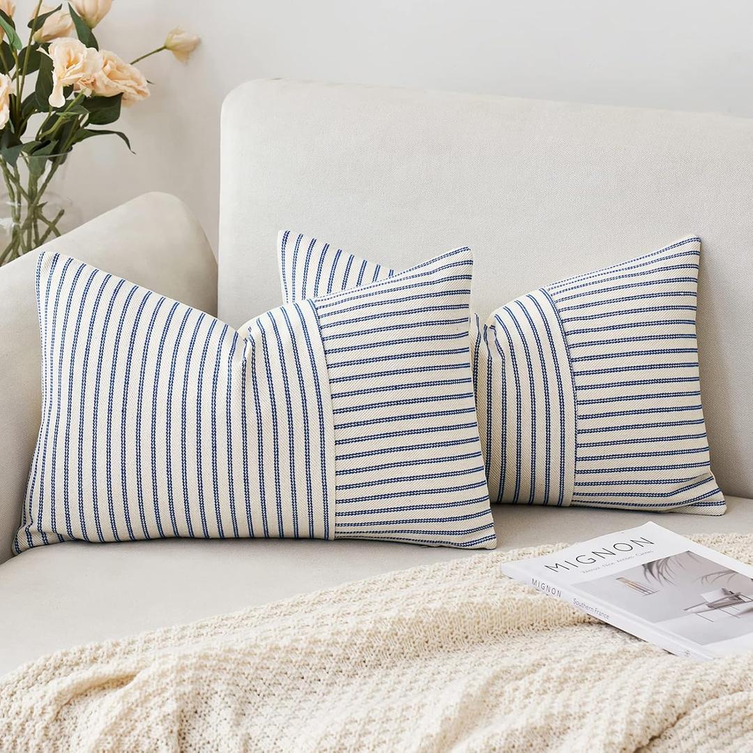 MIULEE Royal Blue and Beige Patchwork Farmhouse Pillow Covers 12x20 Inch, Pack of 2 Striped Linen Decorative Modern Accent Pillow Cases for Sofa Couch Bedroom
