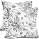Black and White Flowers Pillow Covers 2 Packs 18x18 Inch Black Linen Floral Throw Pillowcase Decorative Vintage Spring Summer Floral Cushion Cover for Patio Sofa Bedroom Indoor Outdoor Party