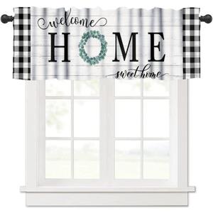 Rustic Farmhouse Kitchen Valance Curtain, Retro Wooden Board Black White Buffalo Plaid Sweet Home Window Treatment Valances for Home Bedroom Living Room Caf Dcor 54x18inch
