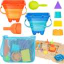 Beach Toys, Collapsible Sand Toys - 9pcs Sand Castle Building Kit: Foldable Sand Buckets, Shovels, Castle Molds & Packable Mesh Bag - Sandbox Toys for Toddlers, Kids Ages 3-12, Beach Travel