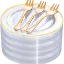 DaYammi 240Pcs Appetizer Plates Include 120Pcs Gold Dessert Plates 6.3inch with 120Pcs Gold Plastic Forks 5.7inch,Clear gold plates Disposable Salad Plate for Party Cake Plate for Wedding