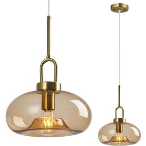 Light Brown Glass Pendant Lights Kitchen Island Gold Pendant Light Fixtures Adjustable Height Modern Pendant Lighting for Bedroom Dining Room (1-Pack)