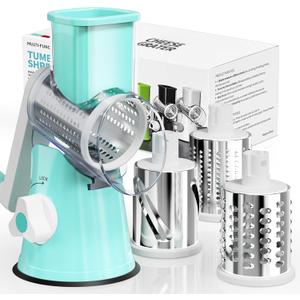 Cheese Grater Hand Crank, Rotary Cheese Shredder with 3 Interchangeable Blades for Coarse, Fine Shredding and Slicing, Strong Suction Base for Pizza, Pasta, Salad, Vegetables, Nuts, Chocolate