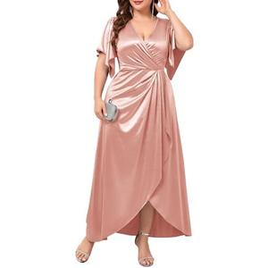 TIARALY Women's Plus Size Formal Satin Dress V Neck Wrap Ruched Maxi Evening Gown Cocktail Party Wedding Guest Dresses XL