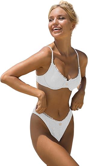 SOLY HUX Women's Bikini Sets High Waisted Bathing Suits Two Piece Swimsuits Sexy Lace Trim Underwire Swimwear X-Small