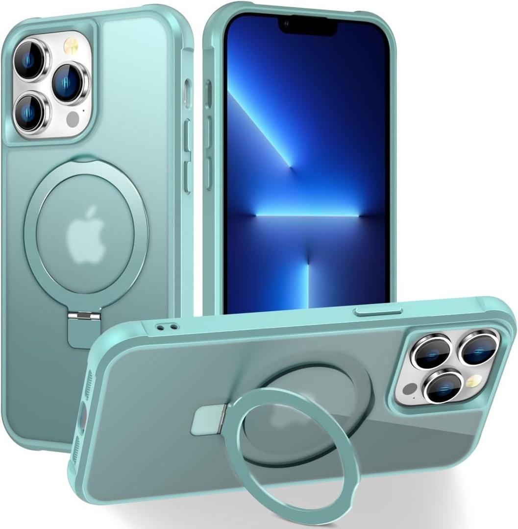 Magnetic Compatible with iPhone 13 Pro Max Case with Stand [Military Grade Drop Tested][Compatible with Magnet] Ring Translucent Slim Hard Back Soft Edge, Teal Green