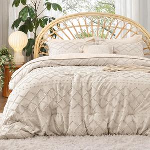 Bedsure Full Comforter Set - Beige Comforter, Boho Tufted Shabby Chic Bedding, 3 Pieces Vintage Farmhouse Bed Set for All Seasons, Fluffy Soft Bedding with 2 Pillow Shams (02 - Beige)
