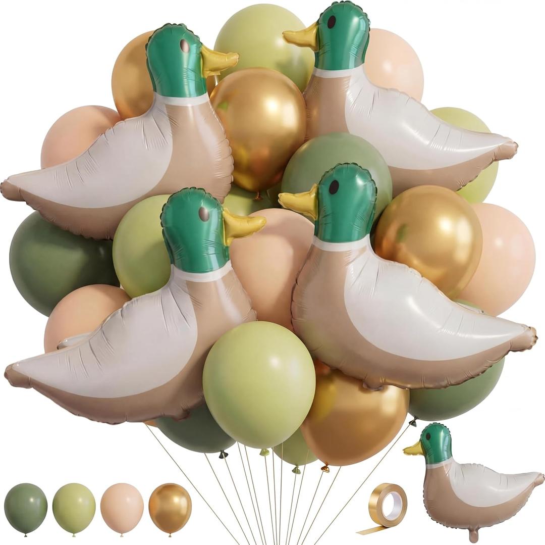 56 Pcs 28.3'' Mallard Duck Party Decorations Kit Green and Brown Foil Balloons for One Lucky Duck Hunting Birthday Party Decoration Supplies, 28.3 inches, 12 inches