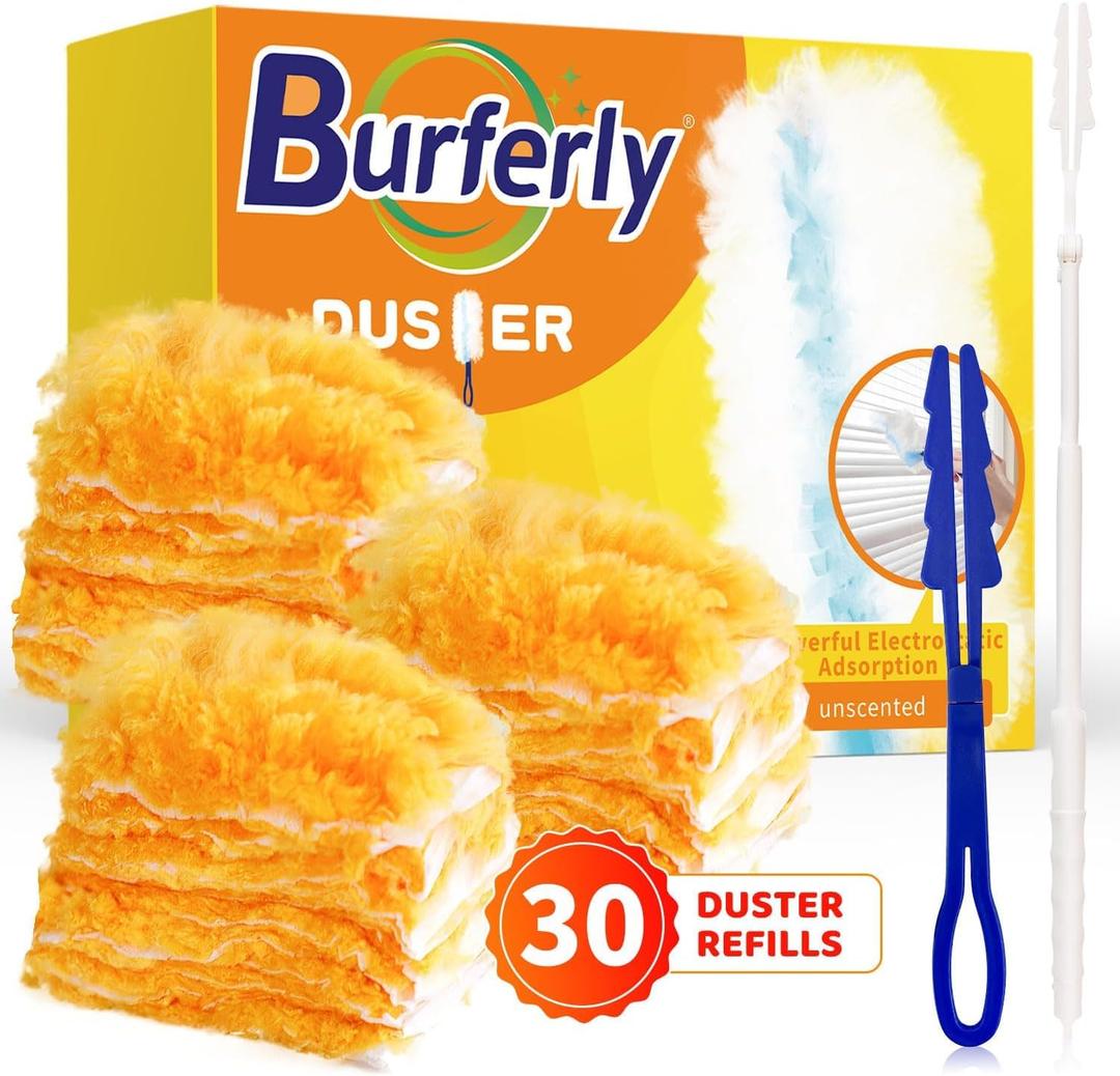Duster Refills for Swiffer Dusters, Multi Surface 360 Degree Dusters Refills & 2 Handle, Disposable Heavy Duty Dusters Refills for Cleaning (30 Count + 2 Handle, White&Orange) (30 Duster Refills & 2 Handle)