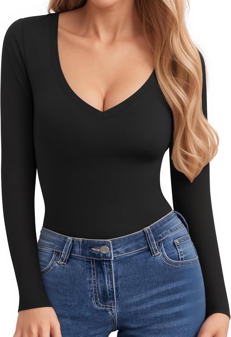 CLOZOZ V Neck Tops Sexy Shirts for Women Fitted Tight T Shirts Basic Tee (XL, Black)