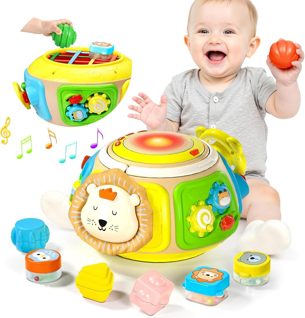 7-in-1 Activity Cube Drum Montessori Toys for Baby, Busy Toys for Toddlers with 9 Sensory Shape Blocks, Music & Light Educational Toys Christmas Birthday Gifts for Kids Boys Girls