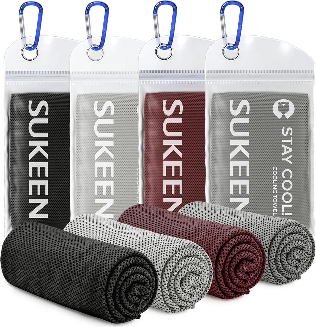Sukeen 4 Pack Cooling Towels (40"x12"),Ice Towel,Soft Breathable Chilly Towel,Microfiber Towel for Yoga,Sport,Running,Gym,Workout,Camping,Fitness,Workout & More Activities (Dark Grey/Grey/Brown/Black)