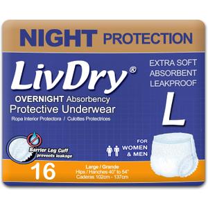 LivDry Adult Diapers Large Incontinence Underwear, Overnight, Leak Protection, 16-Pack Large