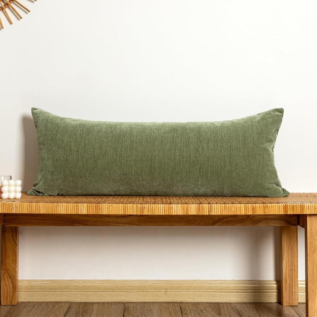 Chenille Lumbar Pillow Covers 14x36 inch, Olive Sage Green Decorative Pillow Covers, Farmhouse Solid Dyed Soft Chenille Cushion Case for Couch Sofa Bed Living Room, 1 Cover ONLY